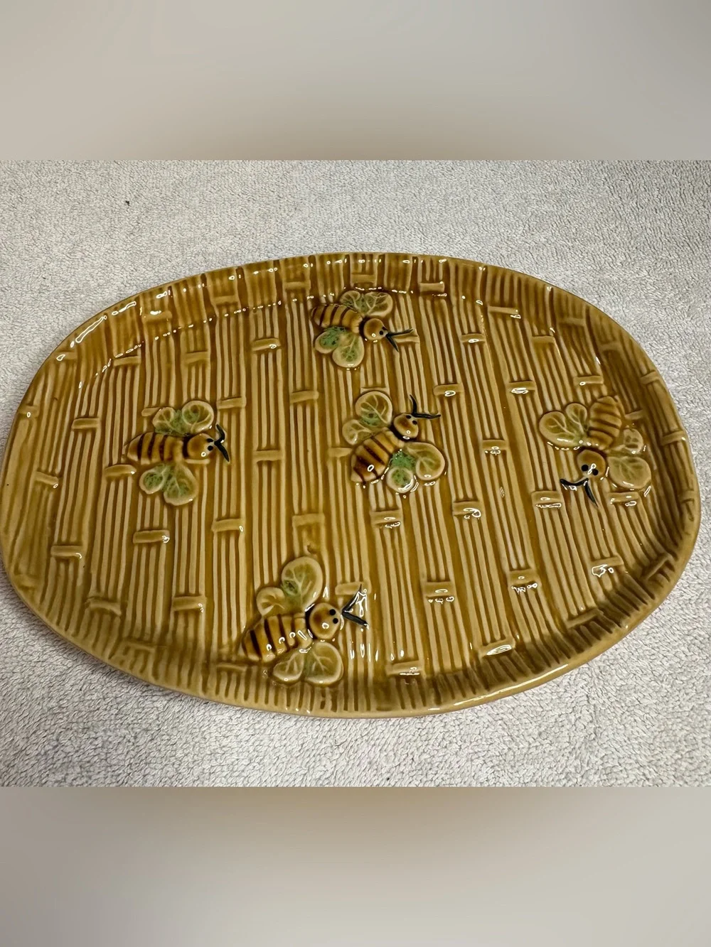 Vintage 1970s Honey Bee Majolica Replacement Tray Only Ceramic Oval Gold Yellow
